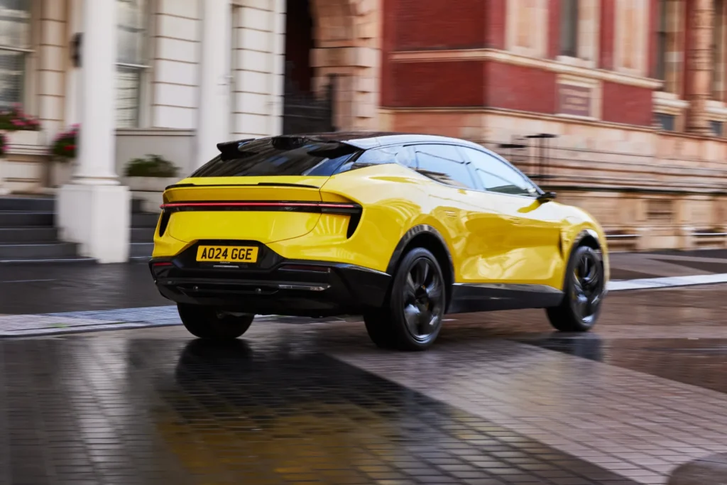 Yellow Lotus Eletre Electric SUV Rear Uber Green London Rev N Rumble