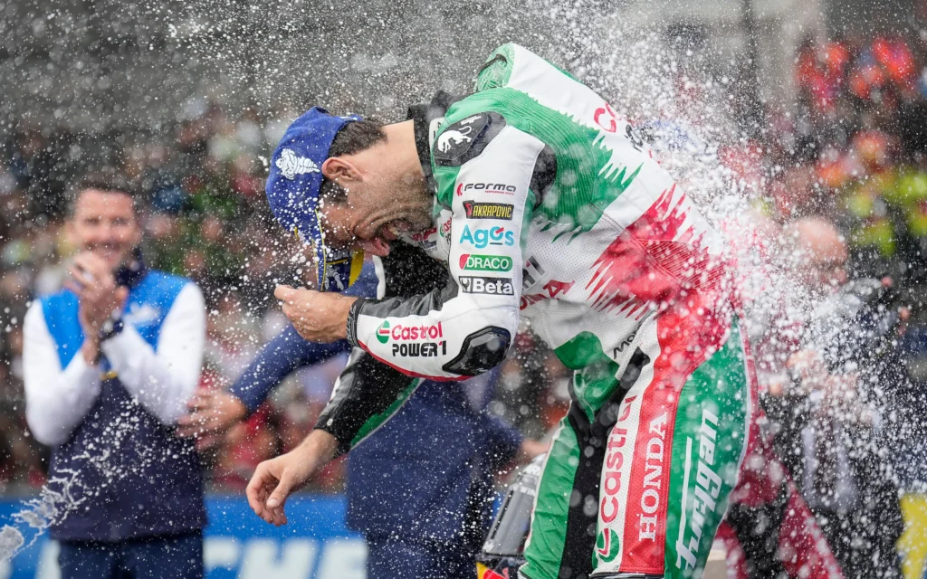 MotoGP 2025 French Grand Prix Race Le Mans Johann Zarco Celebrating Victory on Podium