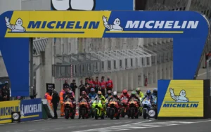 Riders starting from pits in MotoGP 2025 French GP Race at Le Mans Wet Race