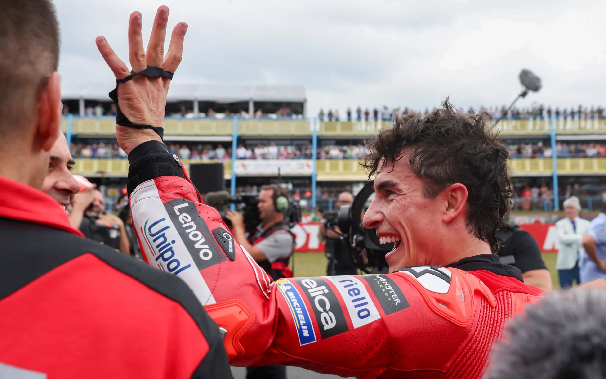 Marc Marquez on Ducati Lenovo celebrates winning MotoGP 2025 Dutch GP Sprint at Assen