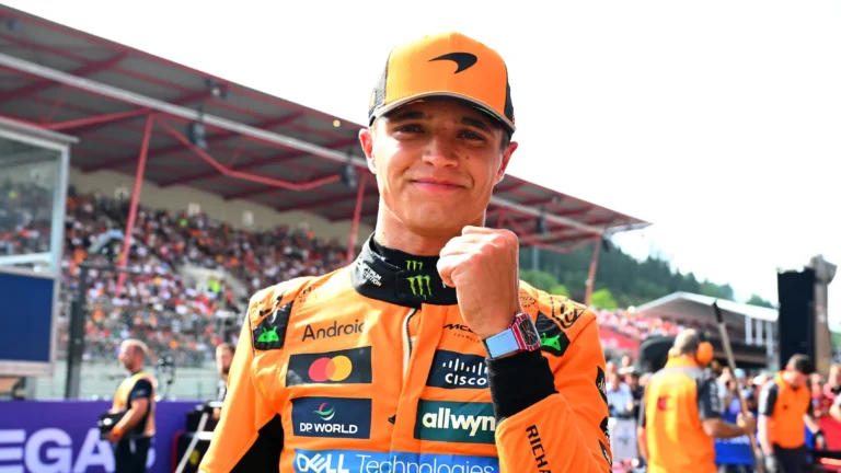 Lando Norris celebrates his fourth pole position of the F1 2025 season during Belgian Grand Prix qualifying at Spa-Francorchamps circuit
