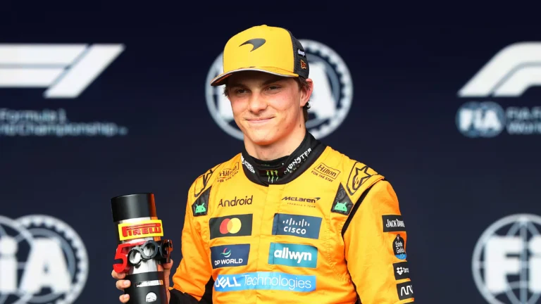Oscar Piastri celebrates taking Sprint pole position for the Belgian Grand Prix Sprint Qualifying at Spa-Francorchamps circuit