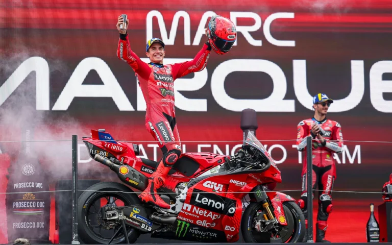 Marc Marquez celebrates his MotoGP 2025 Dutch Tourist Trophy victory on his Ducati motorcycle at Assen circuit
