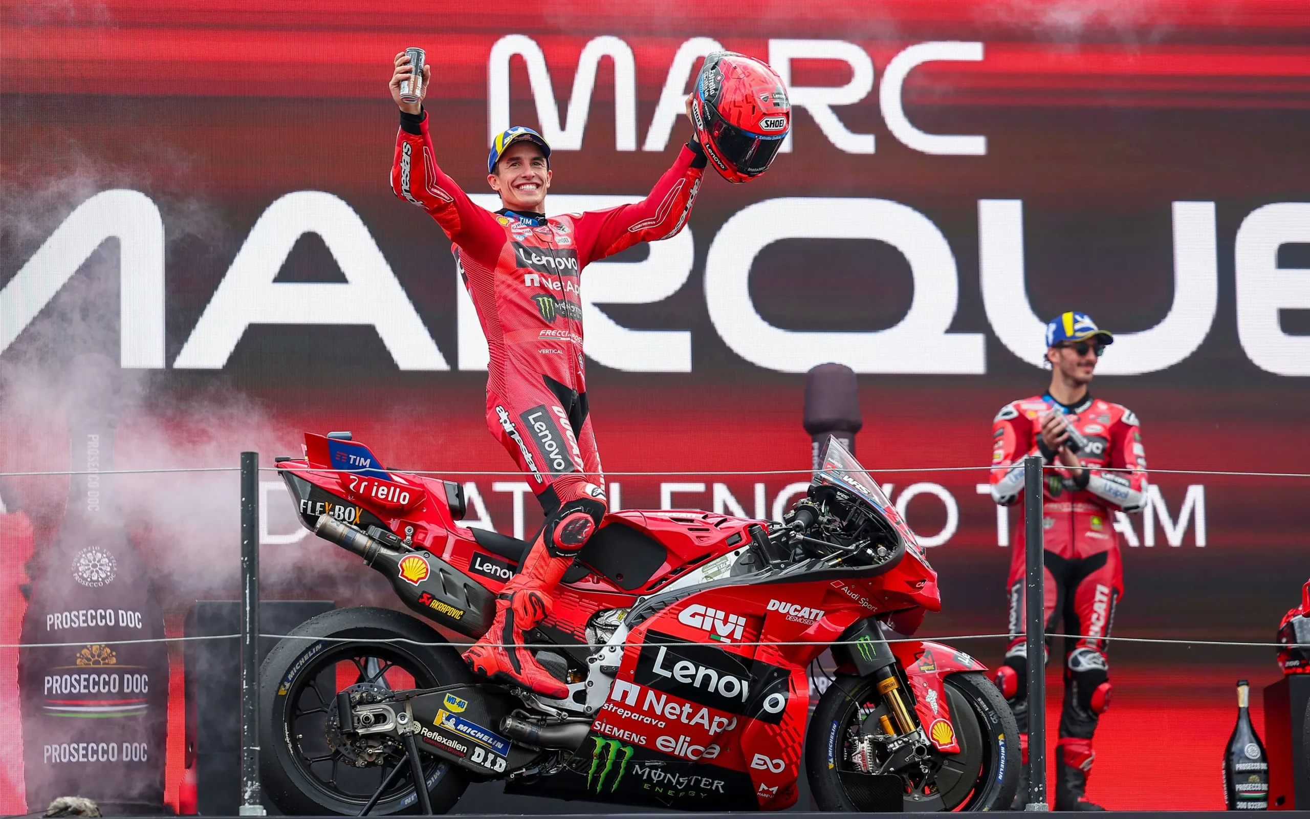Marc Marquez celebrates his MotoGP 2025 Dutch GP victory on his Ducati motorcycle at Assen circuit