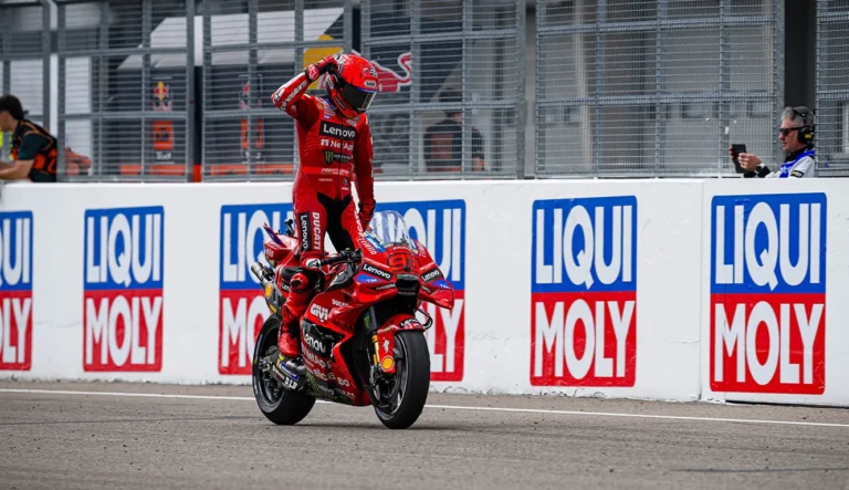 Marc Marquez celebrates his ninth MotoGP victory at Sachsenring during the 2025 German GP race, securing his 69th career win