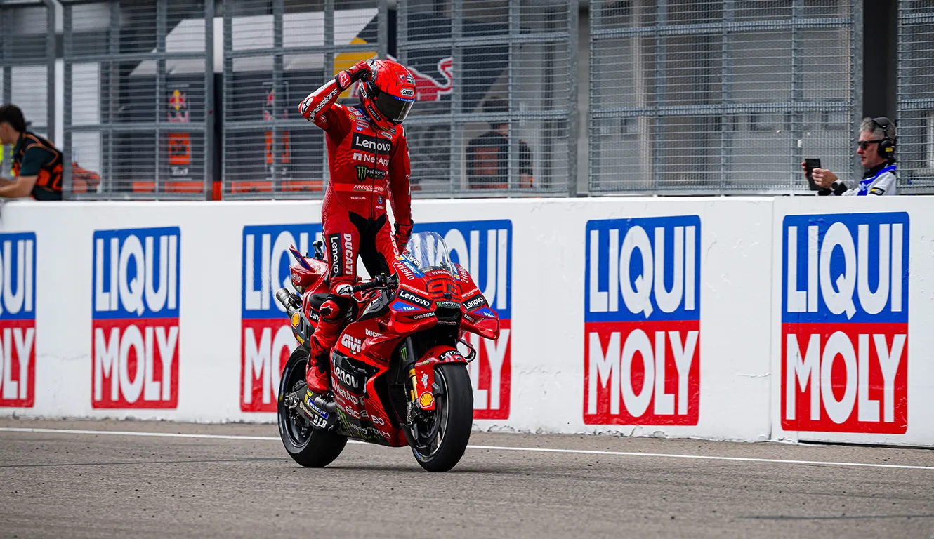 Marc Marquez celebrates his ninth MotoGP victory at Sachsenring during the 2025 German GP race, securing his 69th career win